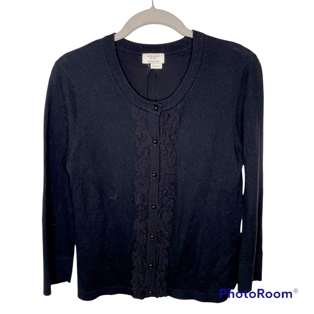 Kate Spade Black Silk Cashmere Blend Ruffle Front‎ Cardigan Sweater S